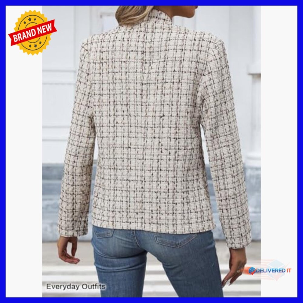 Lightweight Tweed Blazer Open Front Notch Collar Office Work Casual - Picture 5 of 7
